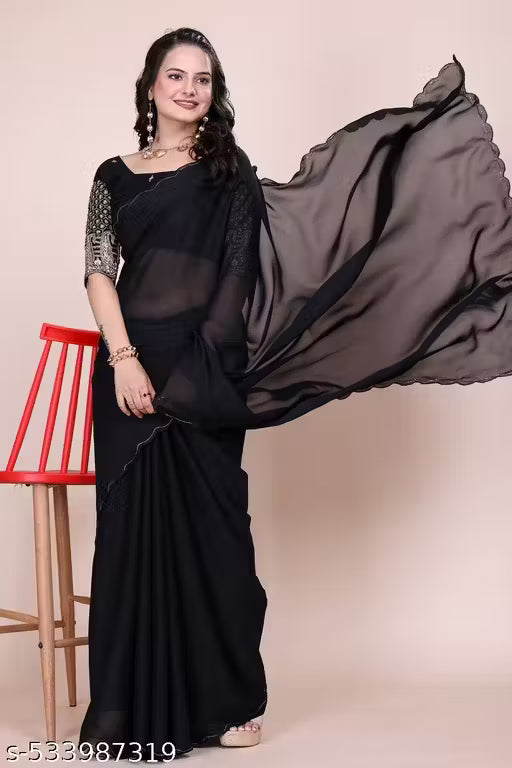 Chiffon Saree with Embroidered Blouse - Black