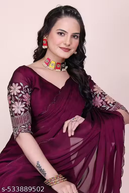 Chiffon Saree with Embroidered Blouse - Wine