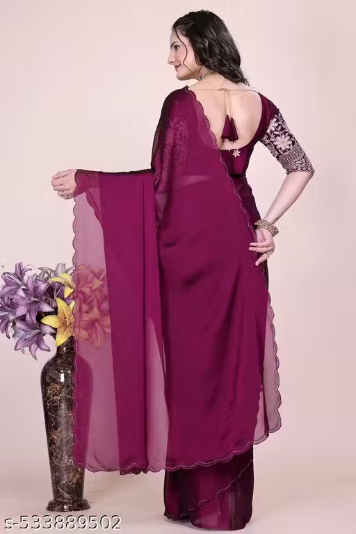 Chiffon Saree with Embroidered Blouse - Wine
