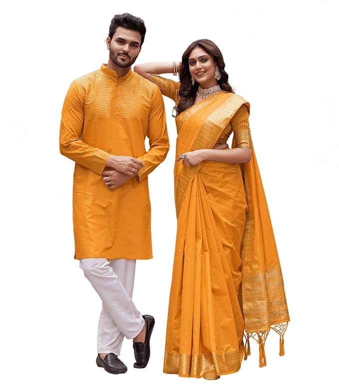 Image of Couple Dress Set Assam Silk Saree & Kurta Pajama from Lehera Fashions