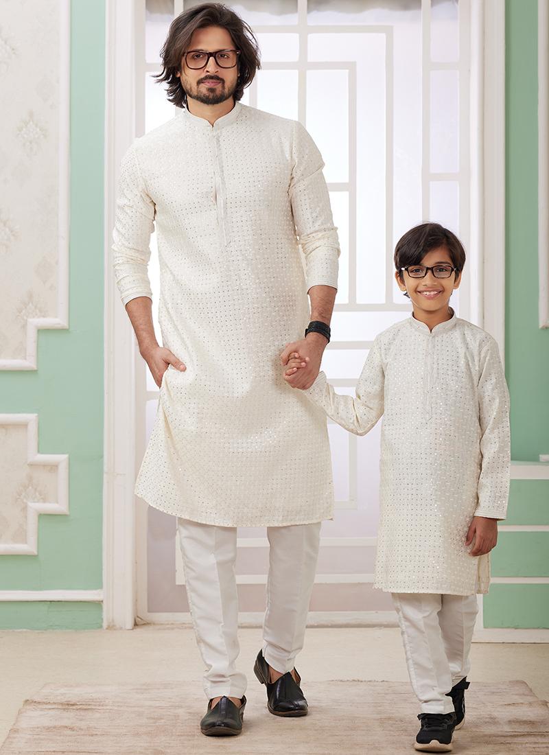 Image of Cream Art Silk Father-Son Kurta Set – Festival Wear with Thread Work | Leherafashions NZ from Lehera Fashions