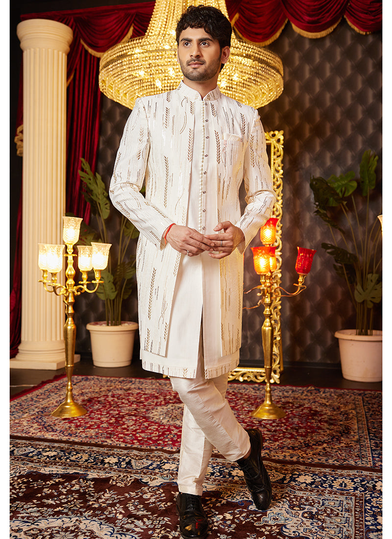 Image of Cream Art Silk Readymade Indo Western Sherwani – Elegant Wedding Wear from Lehera Fashions