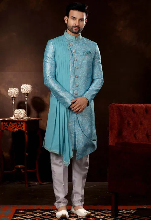 Image of Digital printed Art Silk Layered Sherwani in Sky Blue from Lehera Fashions