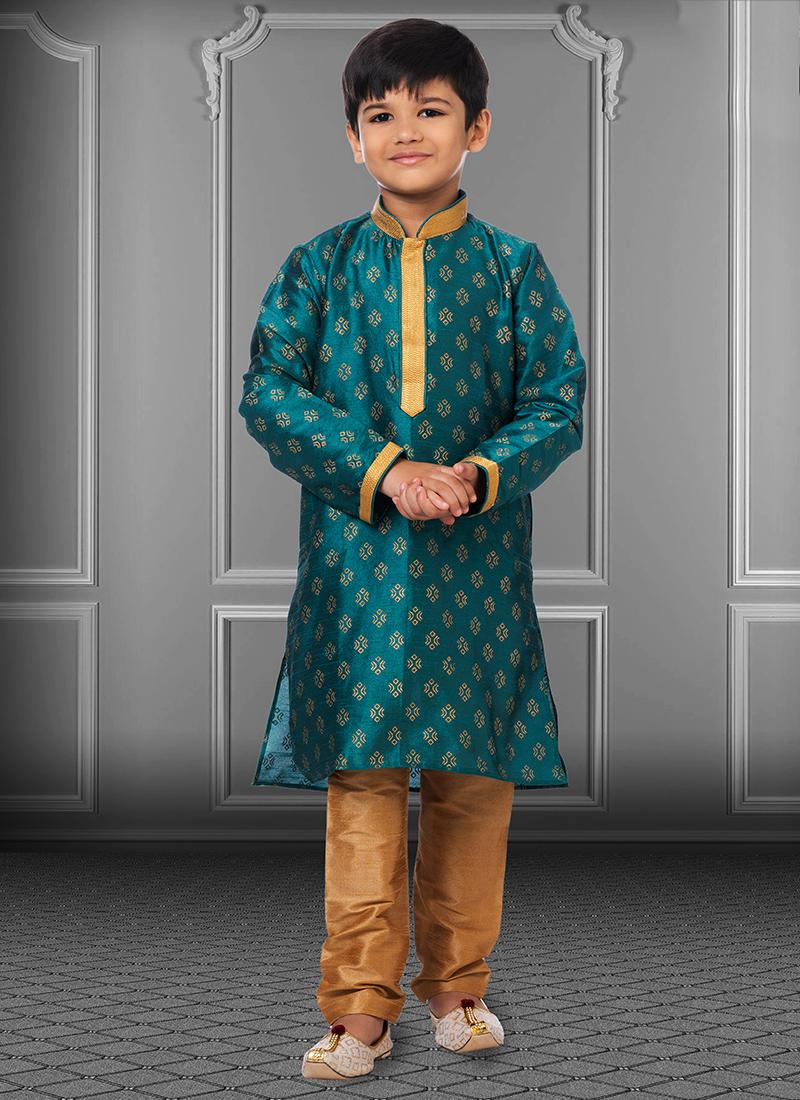 Image of Diwali Wear Navy Blue Printed Work Dupion Silk Kids Kurta Pajama from Lehera Fashions