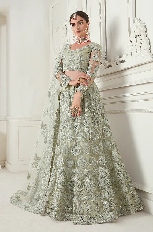 Image of Dusty Mint Green Applique Embroidered Net Reception Gown from Lehera Fashions