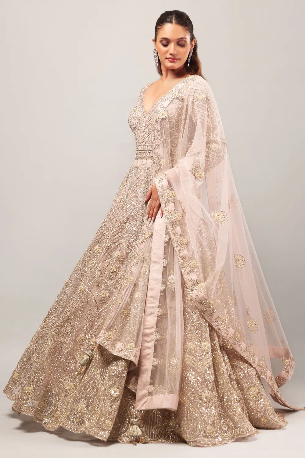 Image of Dusty Pink Classic Bridal Gown with Zari Embroidery & Matching Dupatta from Lehera Fashions