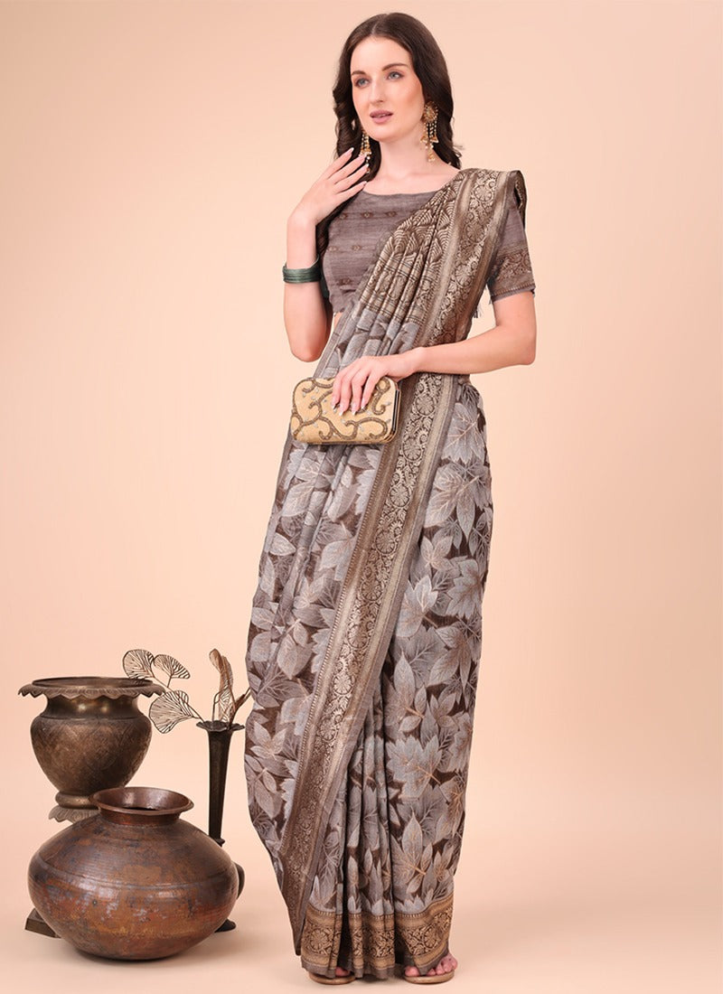 Image of Earth Brown Cotton Saree with Leaf Print & Ornate Border from Lehera Fashions
