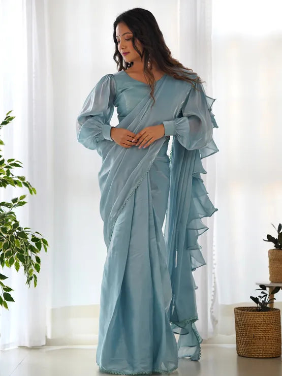 Image of Elegant Blue Organza Silk Readymade Saree with Lace Work from Lehera Fashions
