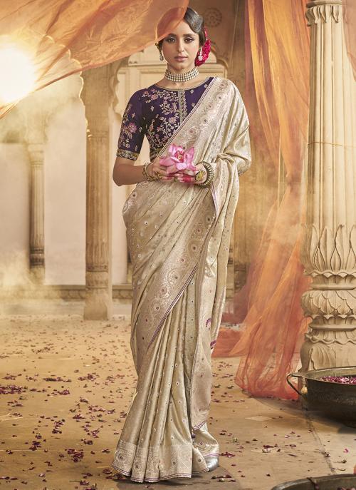 Image of Elegant Cream Pure Satin Embroidery Work Wedding Saree from Lehera Fashions