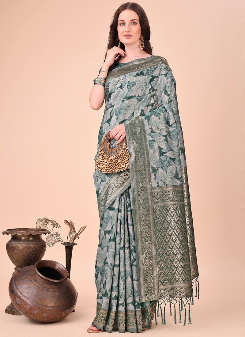 Image of Elegant Green Cotton Saree with Zari Pallu & Floral Weave from Lehera Fashions
