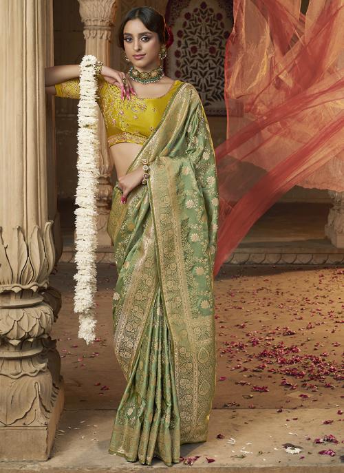 Image of Elegant Green Pure Satin Embroidery Work Wedding Saree from Lehera Fashions