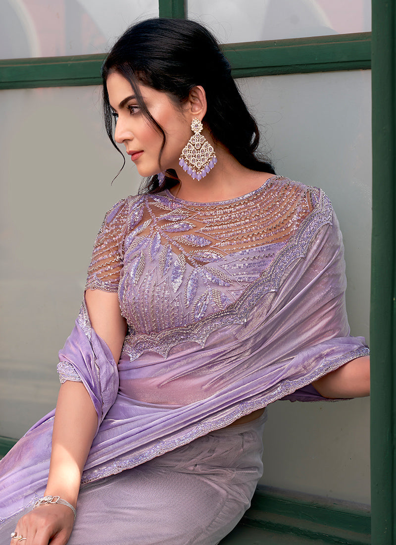 Image of Elegant Lavender Butterfly Net Beads Work Wedding Saree with Stitched Blouse from Lehera Fashions