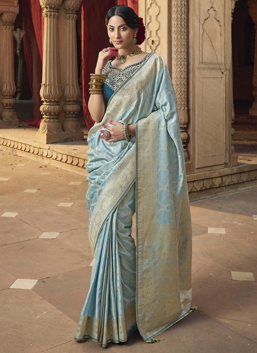 Image of Elegant Light Blue Pure Satin Embroidery Work Wedding Saree from Lehera Fashions