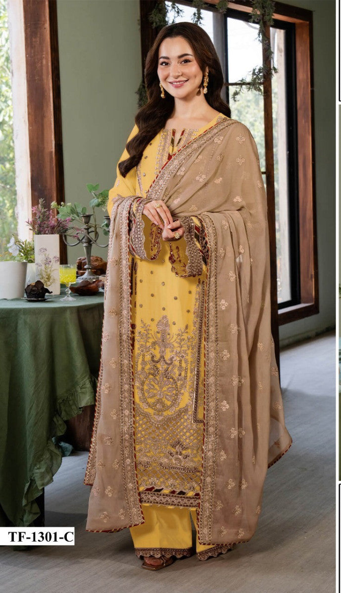 Image of Elegant Pakistani Embroidered Georgette Suit in Yellow from Lehera Fashions