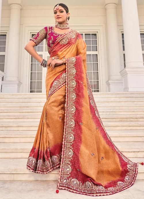 Image of Elegant Peach Pure Crepe Cut Dana Work Wedding Saree from Lehera Fashions