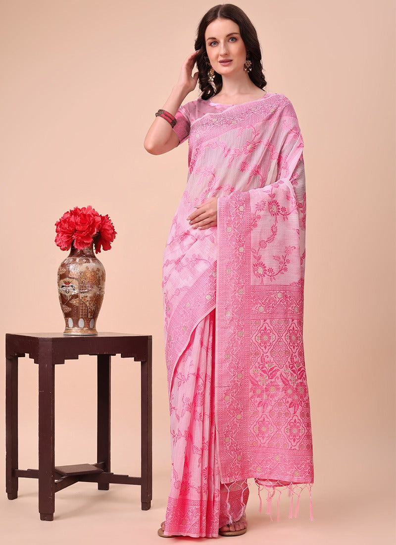 Image of Elegant Pink Cotton Saree with Floral Weave from Lehera Fashions
