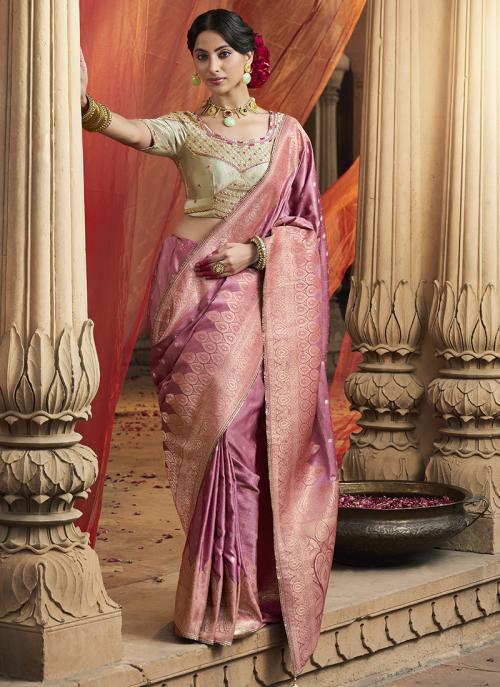 Image of Elegant Pink Pure Satin Embroidery Work Wedding Saree from Lehera Fashions