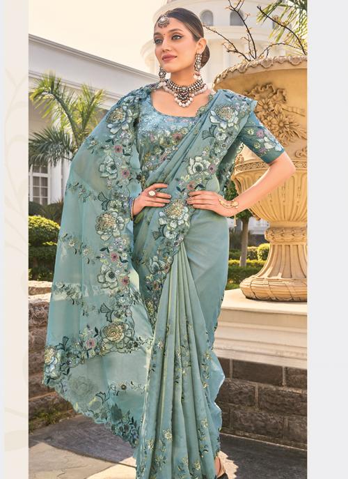 Image of Elegant Sea Green Pure Crepe Cut Dana Work Wedding Saree from Lehera Fashions