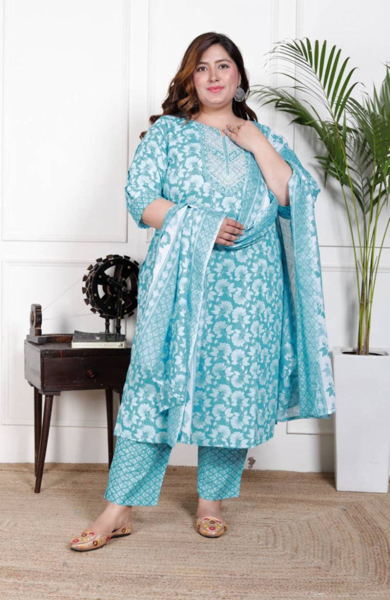 Image of Elegant Sky Blue Embroidered Cotton Readymade Kurti Set from Lehera Fashions