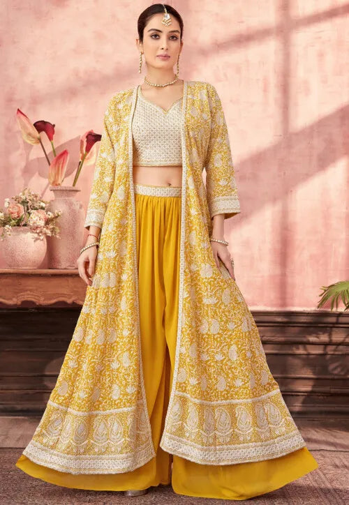 Image of Embroidered Art Silk Crop Top Set in Yellow from Lehera Fashions