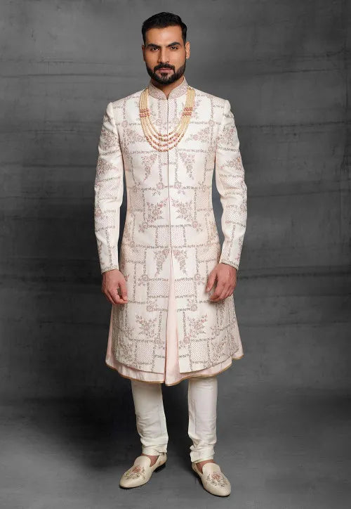Image of Embroidered Art Silk Sherwani in Cream from Lehera Fashions