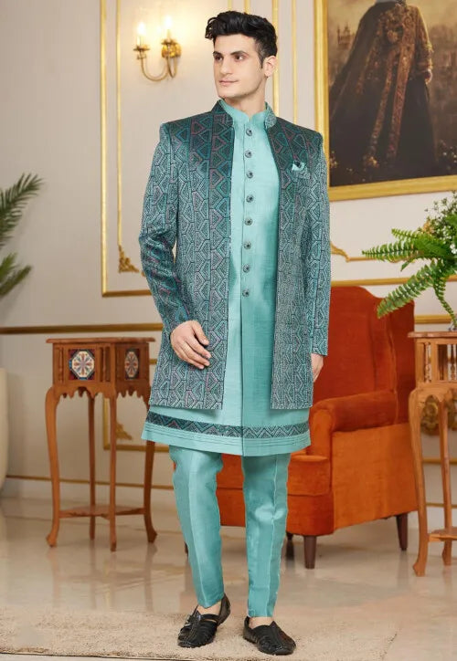 Image of Embroidered Art Silk Sherwani in Sea Green from Lehera Fashions
