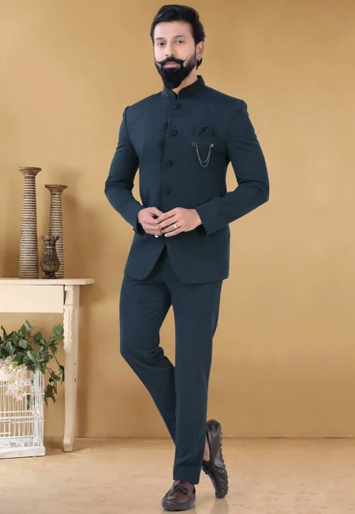 Image of Embroidered Collar Terry Rayon Jodhpuri Suit in Dark Grey from Lehera Fashions