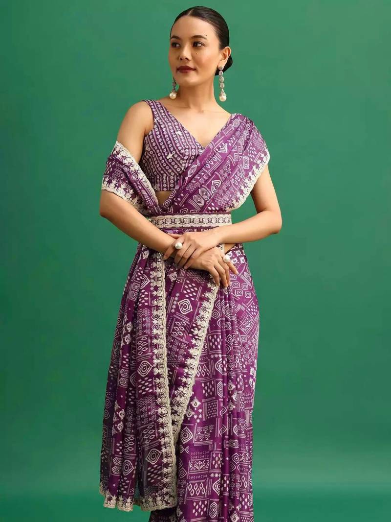 Image of Embroidered Party Wear Chinon Silk Saree with Cutwork Border from Lehera Fashions