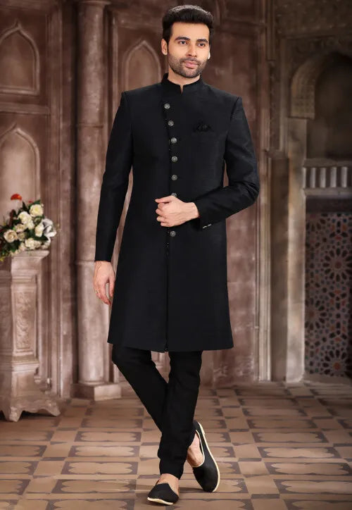 Image of Embroidered Trim Art Silk Sherwani in Black from Lehera Fashions