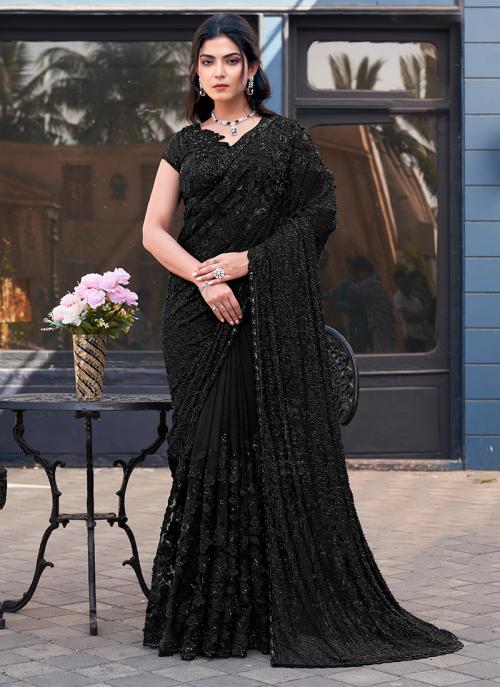 Image of Exquisite Black Butterfly Net Beads Work Wedding Saree with Stitched Blouse from Lehera Fashions