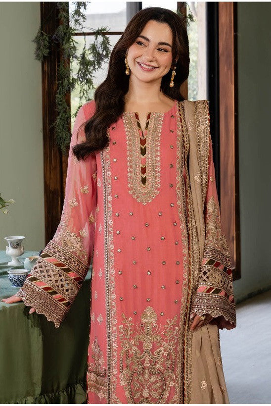 Image of Exquisite Pakistani Embroidered Georgette Suit in Peach Pink from Lehera Fashions