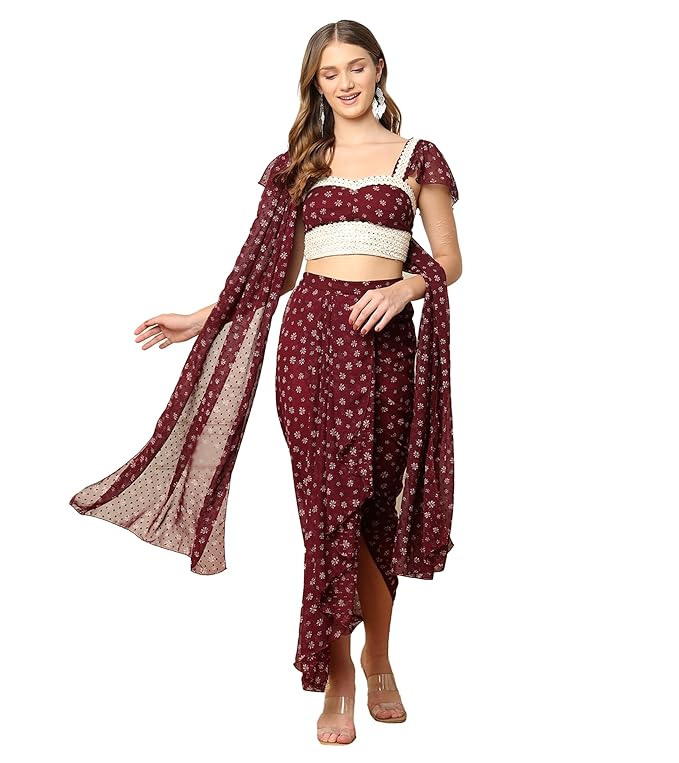 Image of Floral Print Dobby Georgette Crop Top & Dhoti Pants from Lehera Fashions
