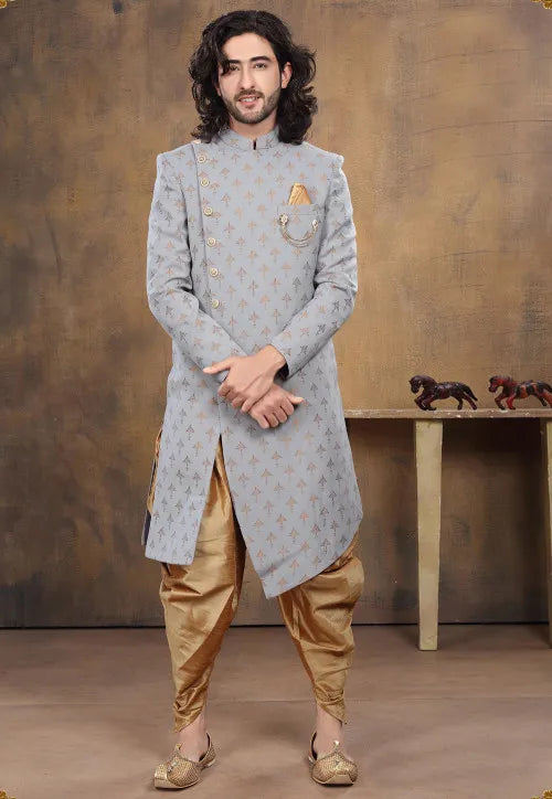 Image of Foil Printed Art Silk Asymmetric Dhoti Sherwani in Grey from Lehera Fashions