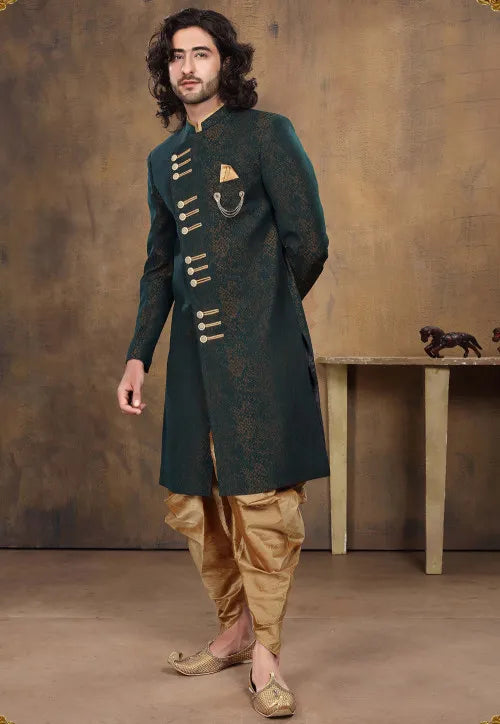 Image of Foil Printed Art Silk Dhoti Sherwani in Dark Green from Lehera Fashions