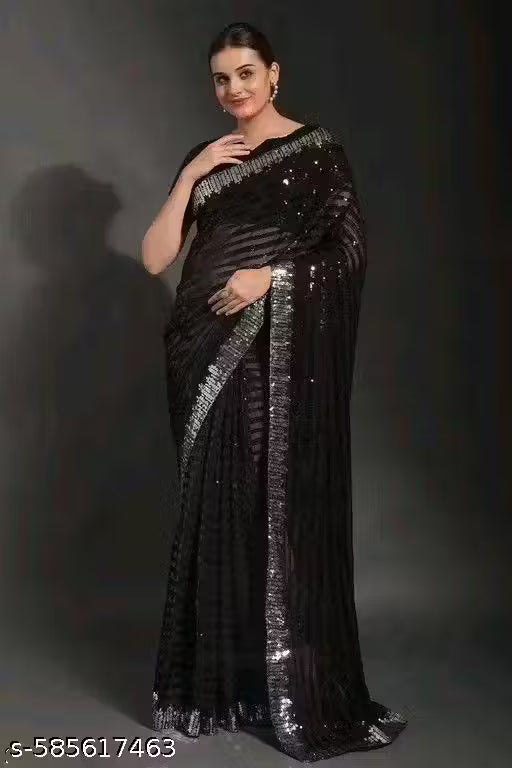 Georgette Black Full Heavy Sequence Work Party Wear Saree