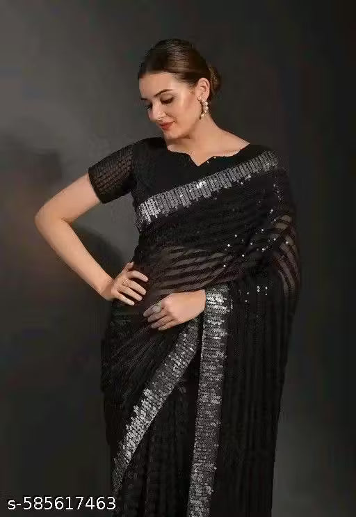 Georgette Black Full Heavy Sequence Work Party Wear Saree