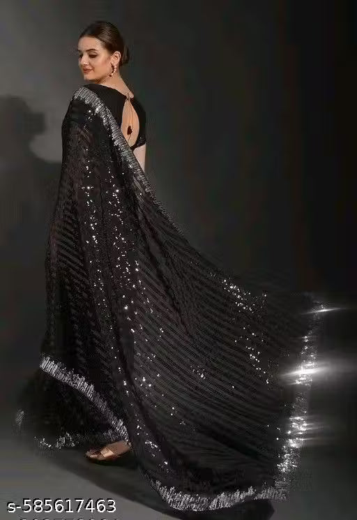 Georgette Black Full Heavy Sequence Work Party Wear Saree