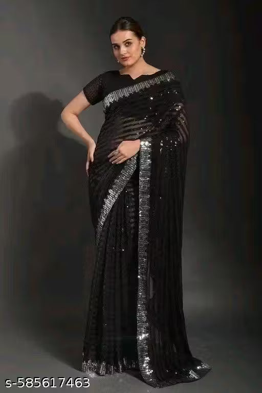Georgette Black Full Heavy Sequence Work Party Wear Saree