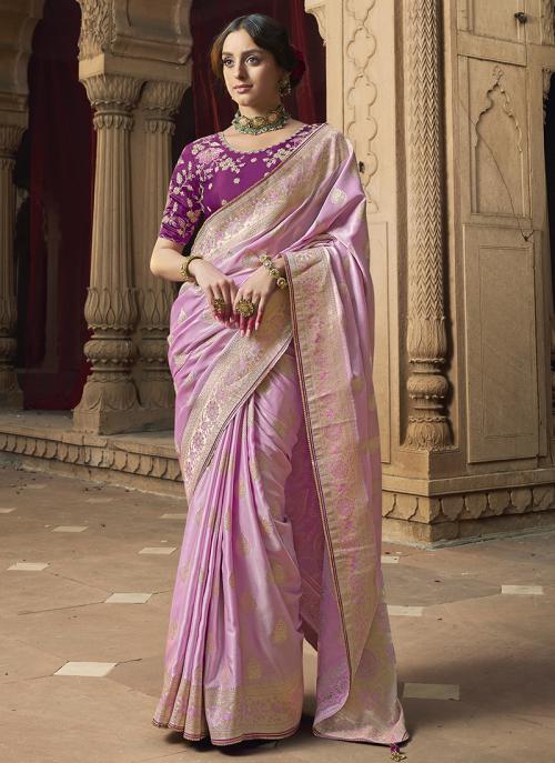 Image of Graceful Orchid Pure Satin Embroidery Work Wedding Saree from Lehera Fashions