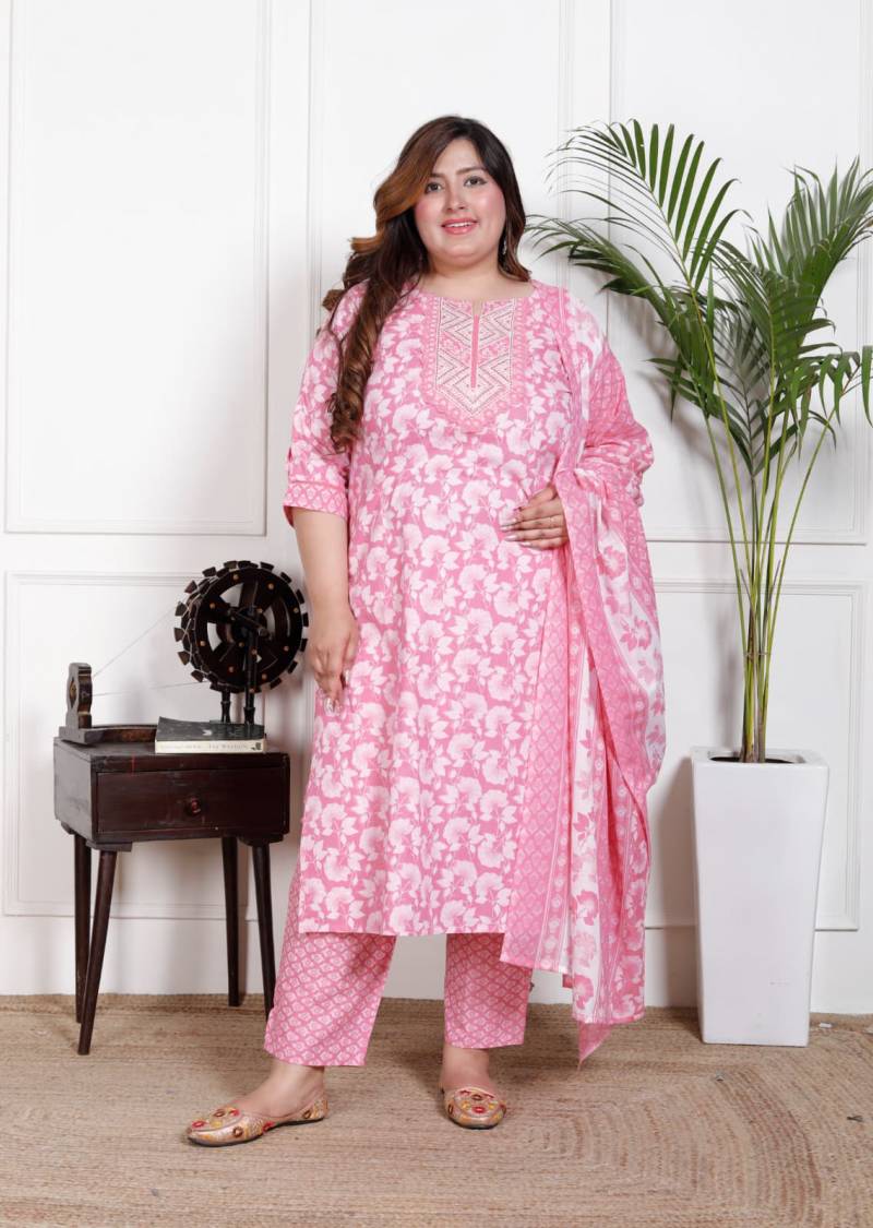 Image of Graceful Pink Embroidered Cotton Readymade Kurti Set from Lehera Fashions