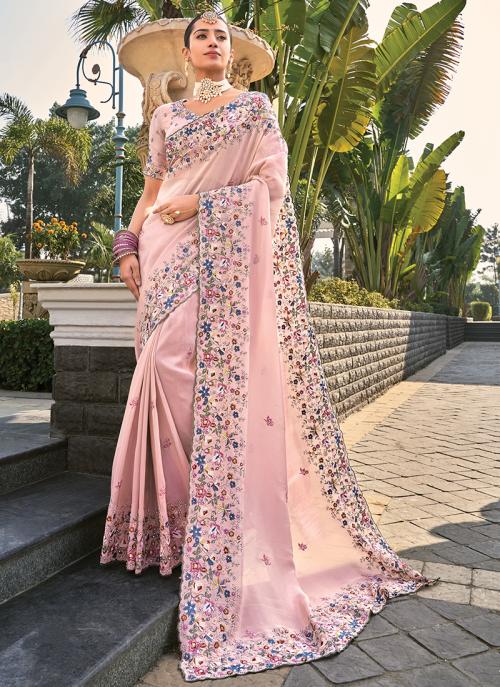 Image of Graceful Pink Pure Crepe Cut Dana Work Wedding Saree from Lehera Fashions