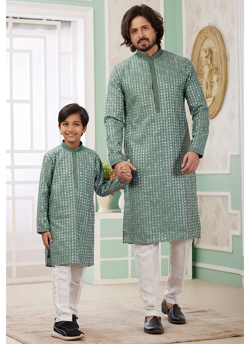 Image of Green Art Silk Father-Son Kurta Set – Festival Wear with Thread Work | Leherafashions NZ from Lehera Fashions