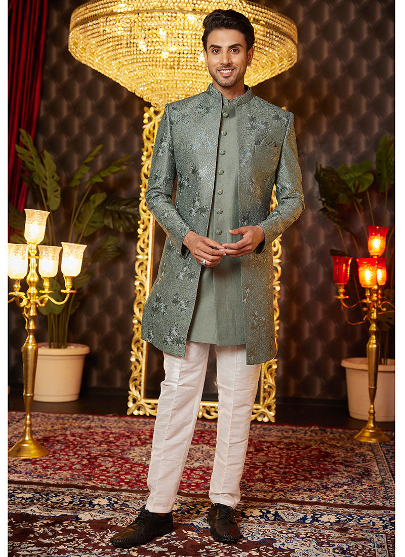 Image of Green Art Silk Readymade Indo Western Sherwani – Elegant Wedding Attire from Lehera Fashions