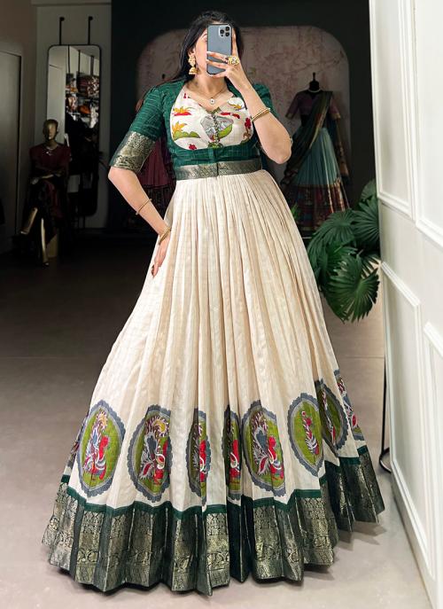 Image of Green Dola Silk Printed Traditional Wear Readymade Gown With Koti from Lehera Fashions