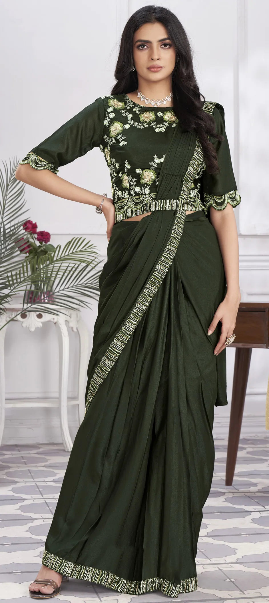 Image of Green Georgette Wedding Readymade Saree with Embroidery & Thread Work from Lehera Fashions