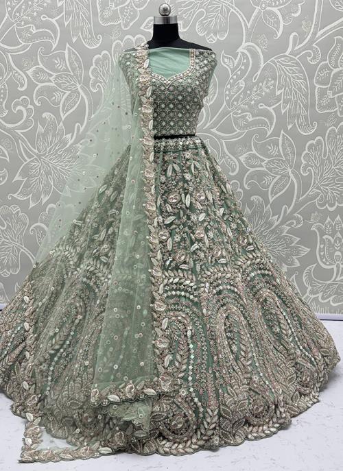 Image of Elegant Green Heavy Net Thread Embroidered Wedding Lehenga Choli from Lehera Fashions