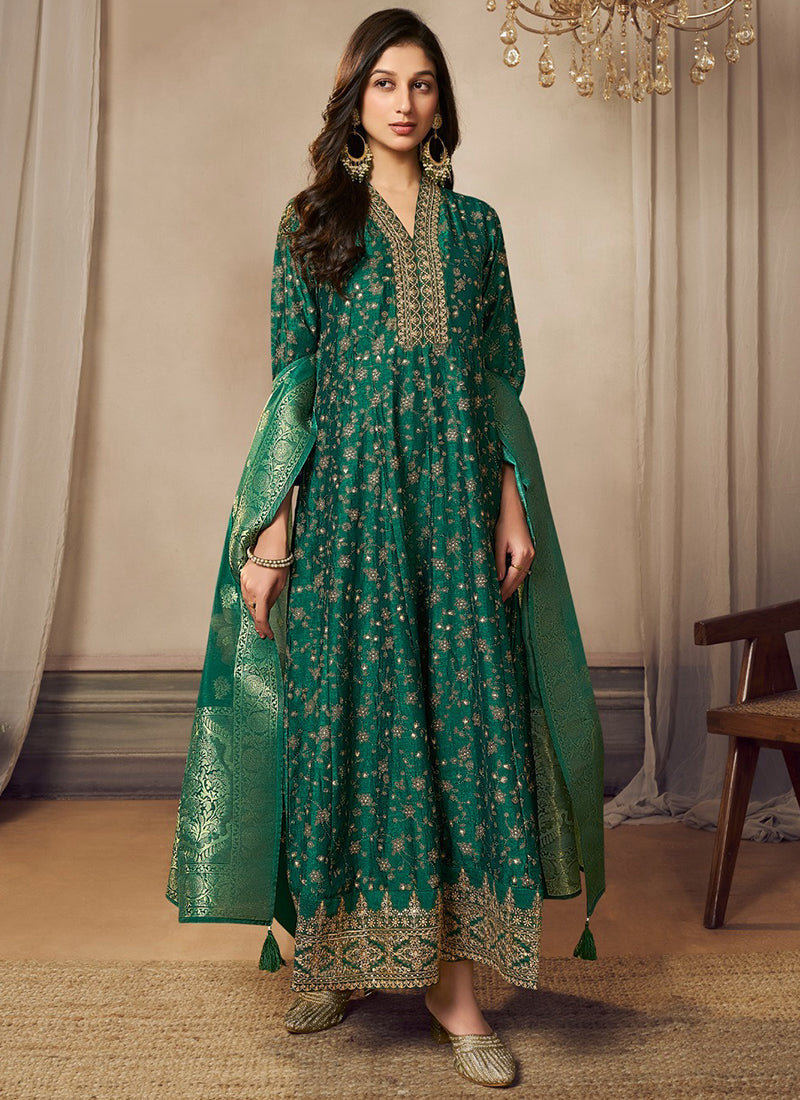 Image of Green Silk Anarkali Suit with Embroidery Work - Party Wear | Readymade from Lehera Fashions