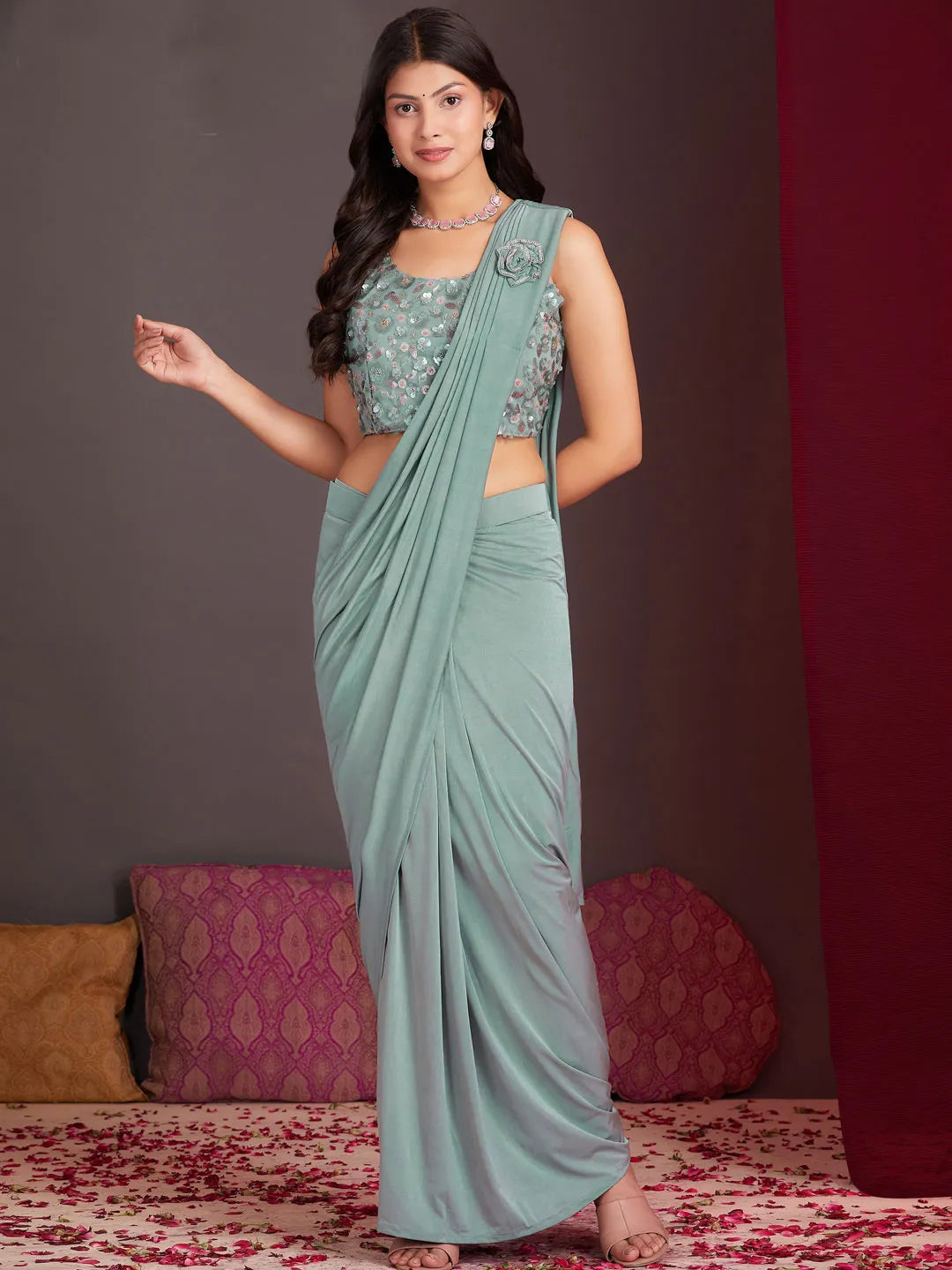 Image of Green Silk Traditional Readymade Saree with Sequins & Bugle Beads from Lehera Fashions