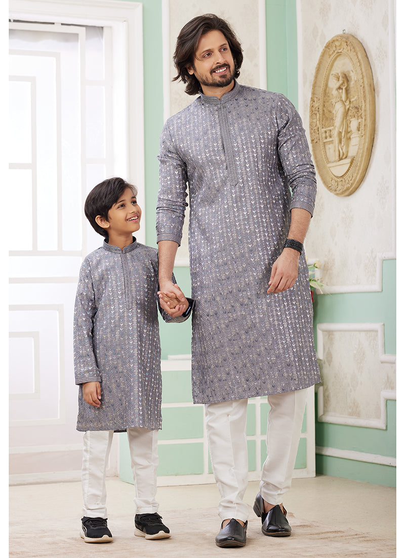 Image of Grey Art Silk Father-Son Kurta Set – Festival Wear with Thread Work | Leherafashions NZ from Lehera Fashions