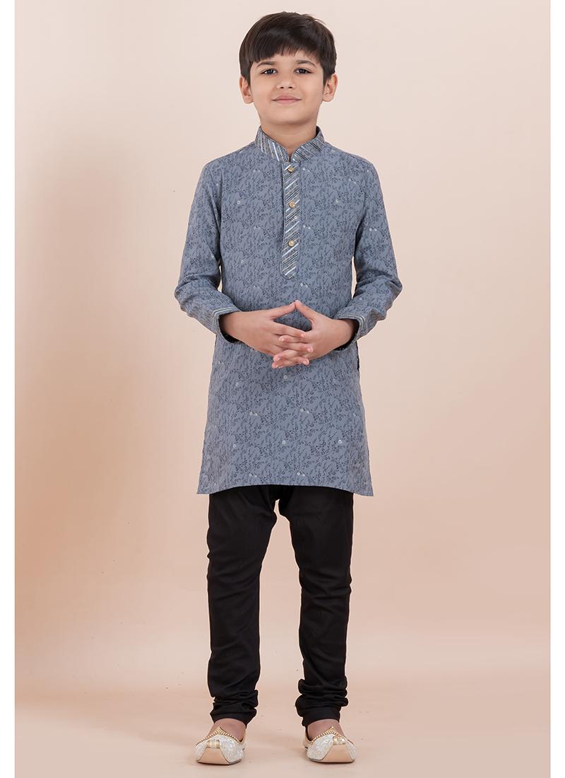Image of Grey Cotton Jacquard Work Kids Kurta Pajama - Festival Wear from Lehera Fashions